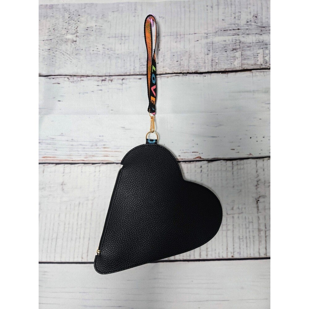Black Heart Shaped Pouch with Love Wristlet Strap Zippered Accessory
